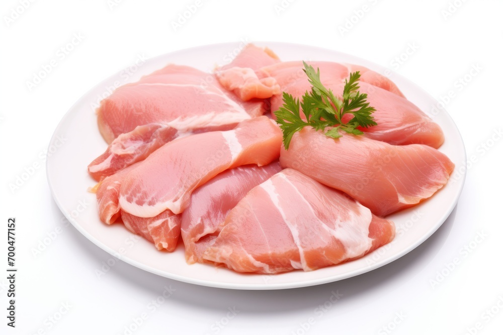  Plate of Raw Chicken Breast Fillets, Isolated on a Crisp White Background