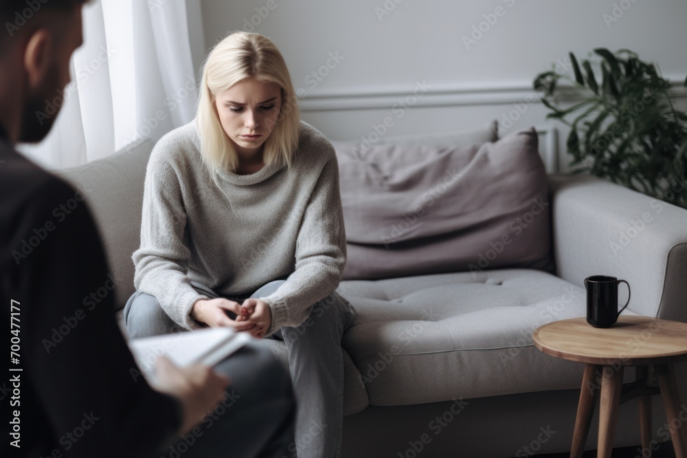 Young woman domestic abuse survivor at doctor's appointment, emotional support and help - obrazy, fototapety, plakaty 