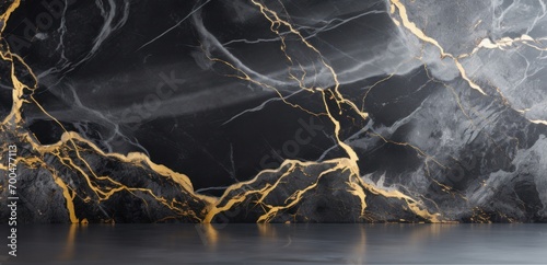 Gold and White Patterns Adorn a Dark Grey, Textured Black Marble Background, Creating a Sense of Extravagance