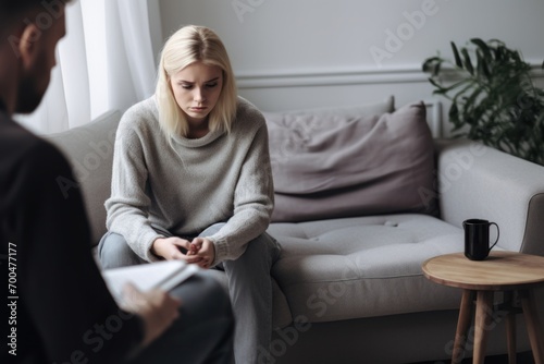 Young woman domestic abuse survivor at doctor's appointment, emotional support and help photo