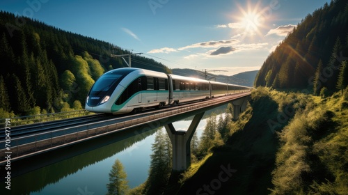 A modern passenger train crosses a valley bridge. Generative AI. photo