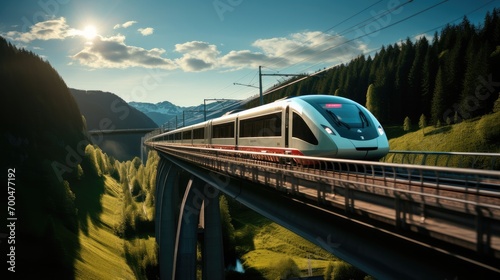 A modern passenger train crosses a valley bridge. Generative AI.