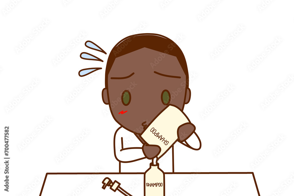 （上半身正面）名前の無い家事・シャンプーが無くなったので詰め替えをボトルに注ぐアフリカ系男性