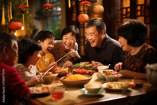 Focus on Family Members Participating in Chinese New Year Traditions, Including Red Envelope Exchange and Festive Dining photo