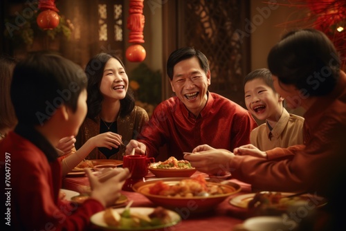 Family Celebrating Chinese New Year Engages in Customs, Exchanging Red Envelopes, and Sharing a Festive Meal photo