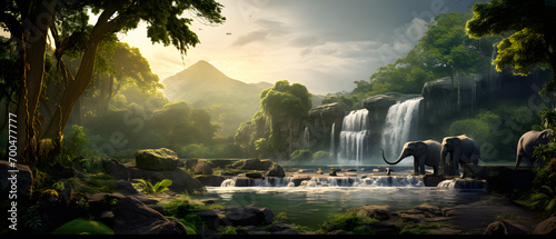 Elephants at the stream in the beautiful green forest and waterfall.