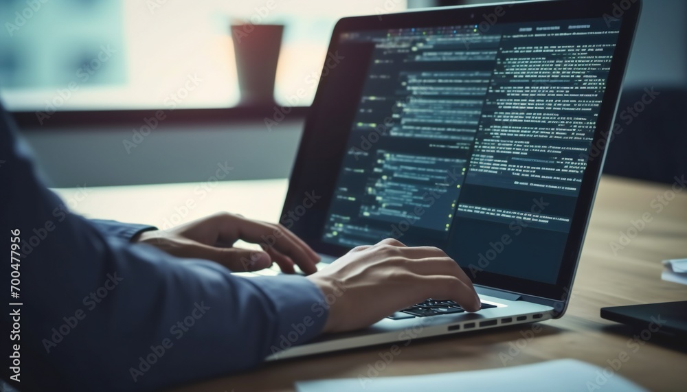 developer uses laptop while sitting in working office. software developers while working from home developer uses laptop while sitting in working office. software developers while working from home