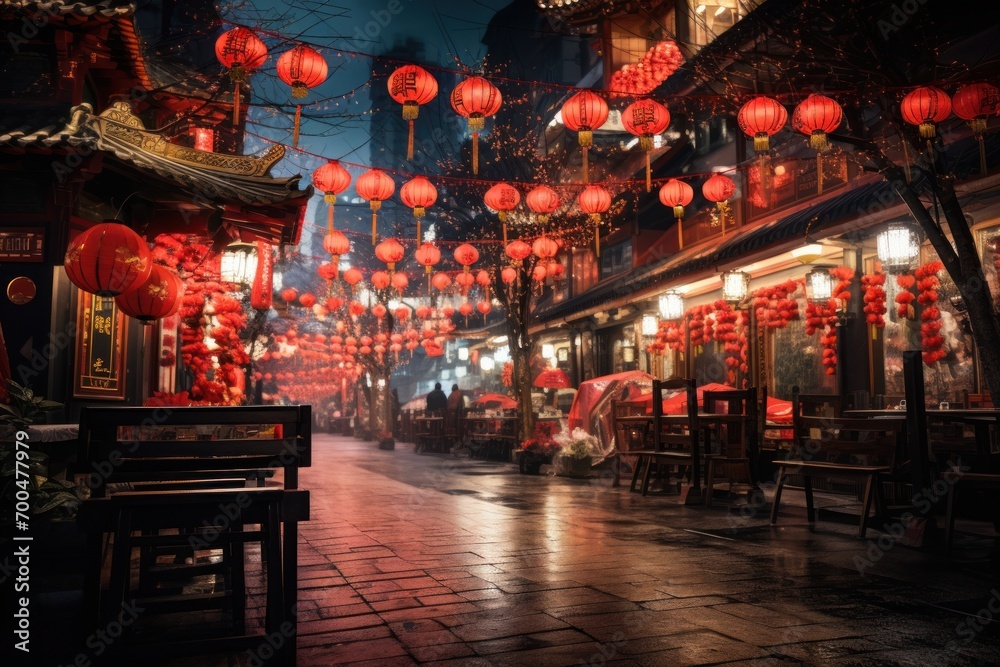 Vibrant Celebration: Red Lanterns Light Up the Streets, Capturing the Bustling Energy of Festivities, Street Vendors, and Happy Crowds