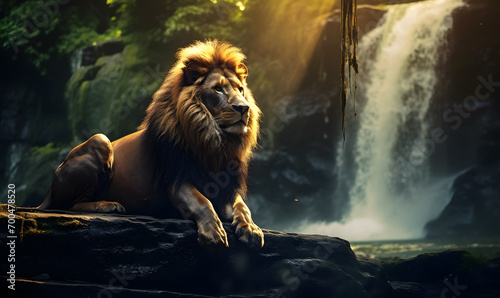 lion in the forest and waterfall background