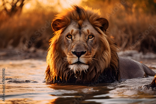 lion in the river background