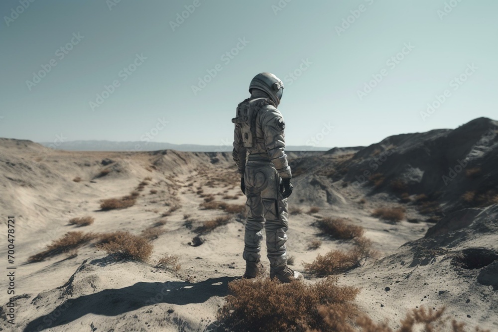 A figure in an unknown suit stands in an empty landscape of an alien planet. Generative AI