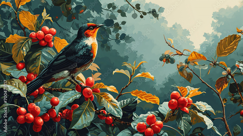 lots of coffee fruit trees and birds perched, red ripe fruit in the forest lots of coffee fruit trees and birds perched, red ripe fruit in the forest