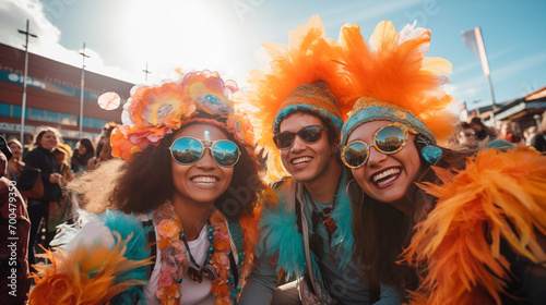 Group of joyful people celebrating at a carnival, wearing colorful feathered headdresses.