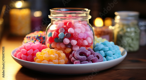 Tari with sugar in a bowl is sweet dish of different colors which is very tasty