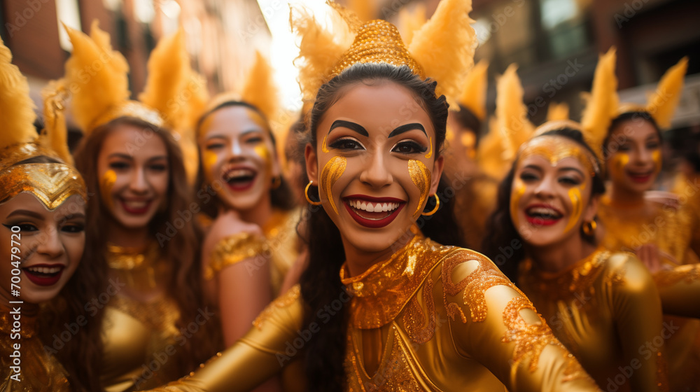 Group of people with tribal face paint in warm lighting, evoking a vibrant, cultural atmosphere.