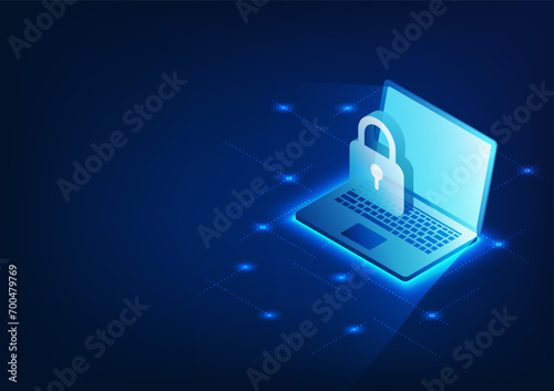 Cyber security technology background System to prevent data deletion and cyber theft You must verify your identity to access the information. Laptop screen showing lock Isometric image format