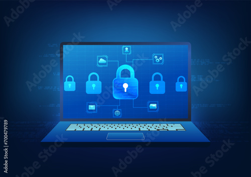 Cyber security technology background System to prevent data deletion and cyber theft You must verify your identity to access the information. Laptop screen showing lock with icon