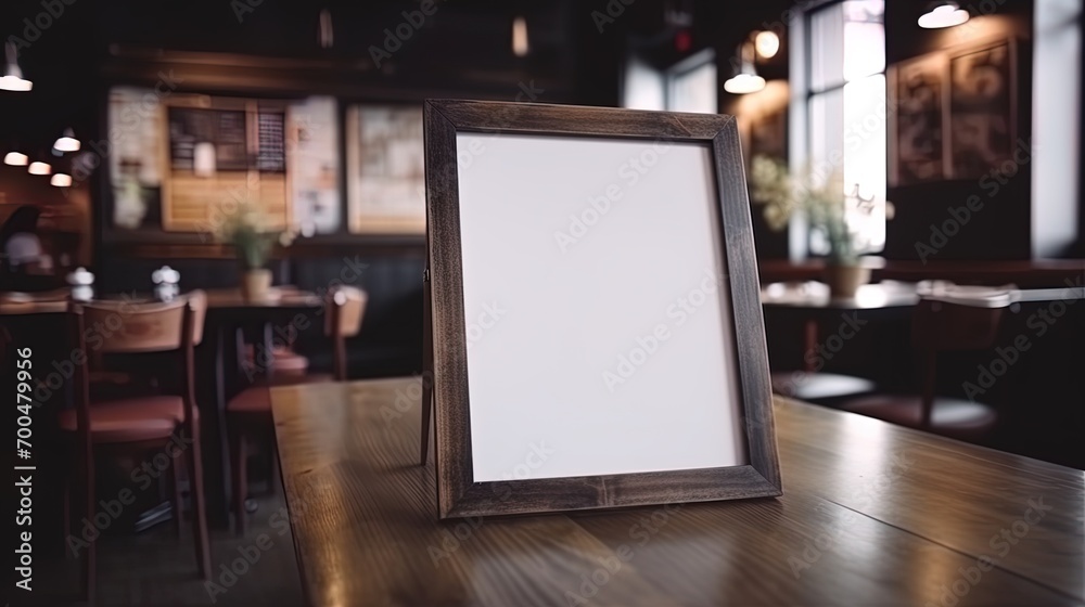 Menu Mock up blank for text marketing promotion. Mock up Menu frame standing on wood table in restaurant space for text. Menu Mock up blank for text marketing promotion. Mock up Menu frame standing on wood table in restaurant space for text.