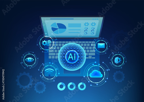 Artificial intelligence technology AI that comes to learn and help work to meet human needs. The AI connected to the internet word processing icon is on the laptop screen.