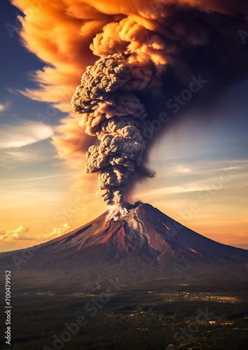 Volcano eruption with lava flow in dark. Lava descends on the volcano. vertical orientation