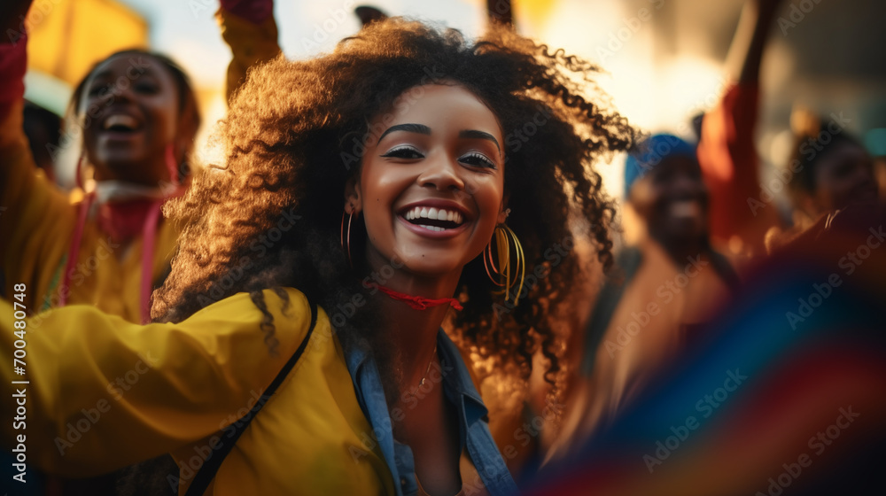 Group of joyful friends with yellow paint on faces celebrating at a festival, embodying happiness and unity.