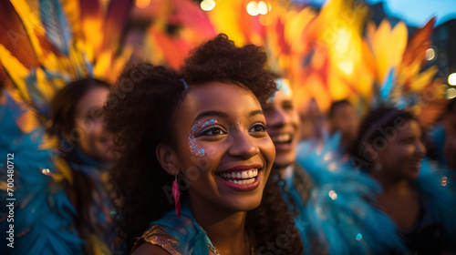 Group of joyful friends with yellow paint on faces celebrating at a festival, embodying happiness and unity.