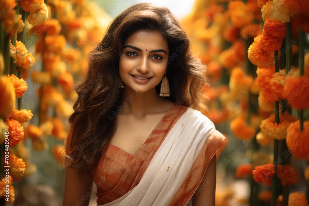 Indian super model with traditional saree, Smiling in a heavenly flower garden. Generative AI. Indian super model with traditional saree, Smiling in a heavenly flower garden. Generative AI.