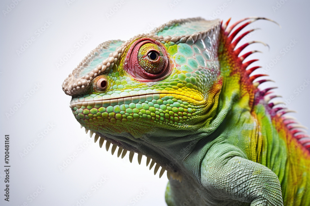 Obraz premium Chameleon close-up portrait on a white background.