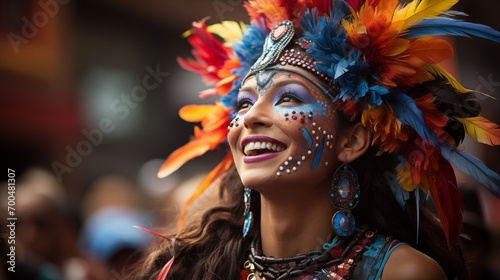 Woman with elaborate face paint and feathered headdress at a cultural festival. photo