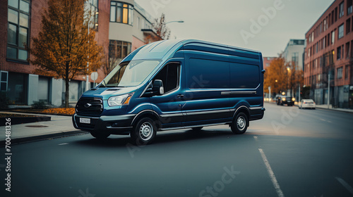 Dark blue delivery van standing in the street. Generative AI. photo