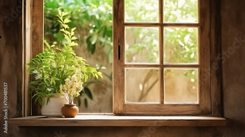 アンティークでナチュラルな雰囲気の木製の格子いた窓が片方空いている、窓から見えるたくさんの緑の自然、窓辺にある観葉植物 photo