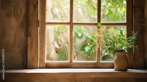アンティークでナチュラルな雰囲気の木製の格子がついた窓から見えるたくさんの緑の自然、窓辺にある観葉植物