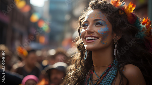 Joyful woman with face paint celebrating at a vibrant street festival. photo