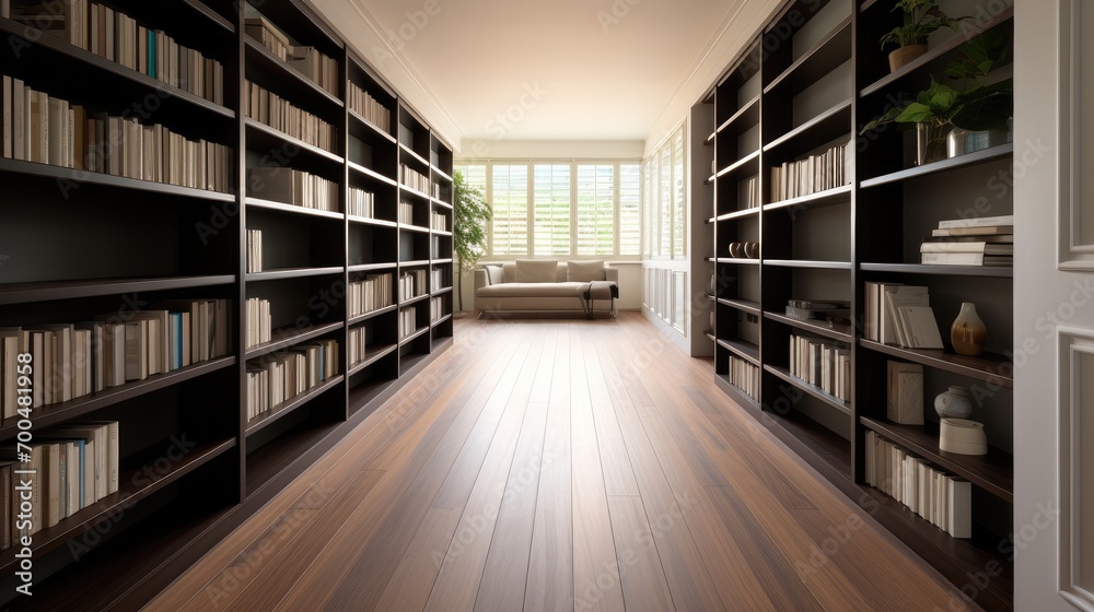 Corridor with dark wooden boards and bookshelves, Minimalist and contemporary style. Generative AI.