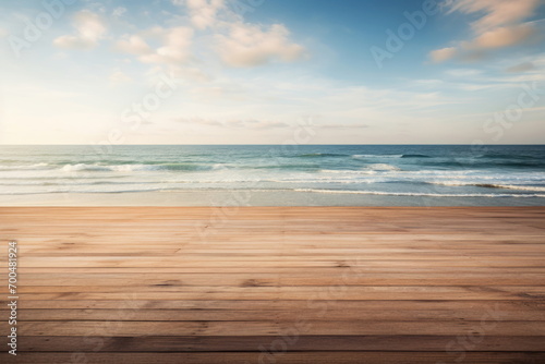 Wooden floor with sea background