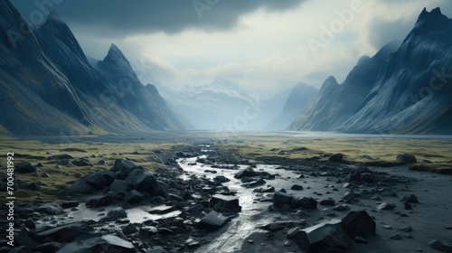 Black rock surface in foreground with mountain landscape. Generative AI. © visoot