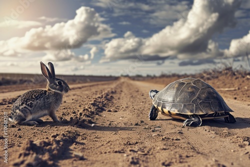 Turtle and rabbit on race track. Concept compete for success. Generative AI.