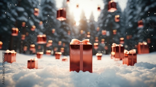 Red Christmas gifts flying in the air. Generative AI.