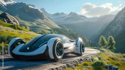 Futuristic Car, Eco-design, in Landscape, Sustainability, Autonomous, Electro, Hydrogen 