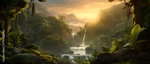 A pristine waterfall in a lush forest at sunrise