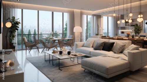 Design a modern apartment, Showing the living room, Dining room and kitchen. Generative AI.