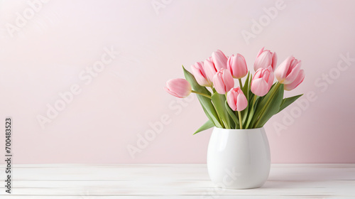 Vase with beautiful pink tulips on a white table photo