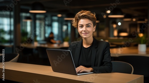 Short haired woman office worker portrait image copy space