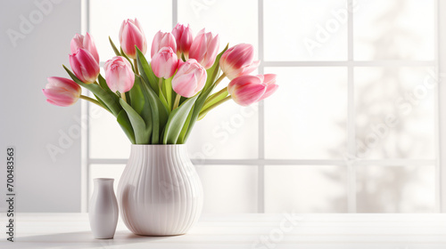 Vase with beautiful pink tulips on a white table