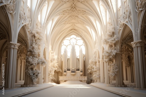 Minimalist church in warm white light with layers of uneven classical floral patterns. Generative AI.