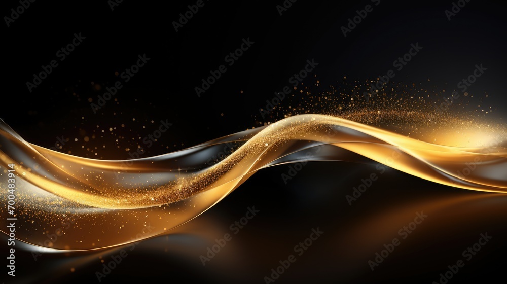 Shapeless lustrous shade gold wave motif on with golden glimmer sparkles dark backdrop