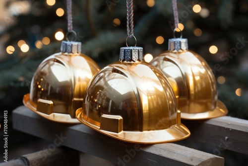 Hard hats in the style of a bauble on a Christmas tree. Generative AI. photo