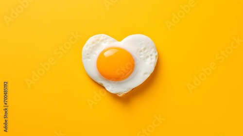 A heart shaped fried egg on a bright color background photo