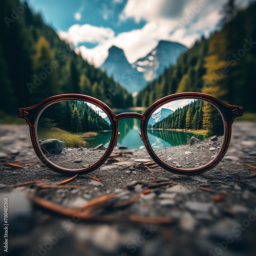 a pair of glasses on a rocky surface with trees and mountains in the background