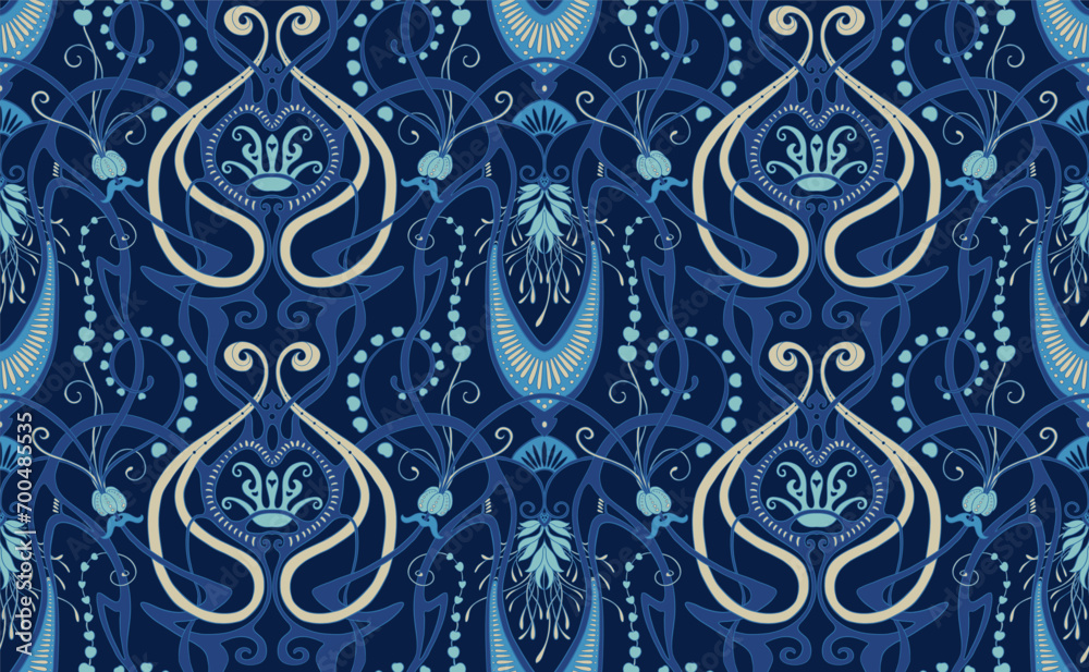 Fantasy flowers, decorative flowers and leaves in art nouveau style, vintage, old, retro style. Seamless pattern, background. Vector illustration. Fantasy flowers, decorative flowers and leaves in art nouveau style, vintage, old, retro style. Seamless pattern, background. Vector illustration.